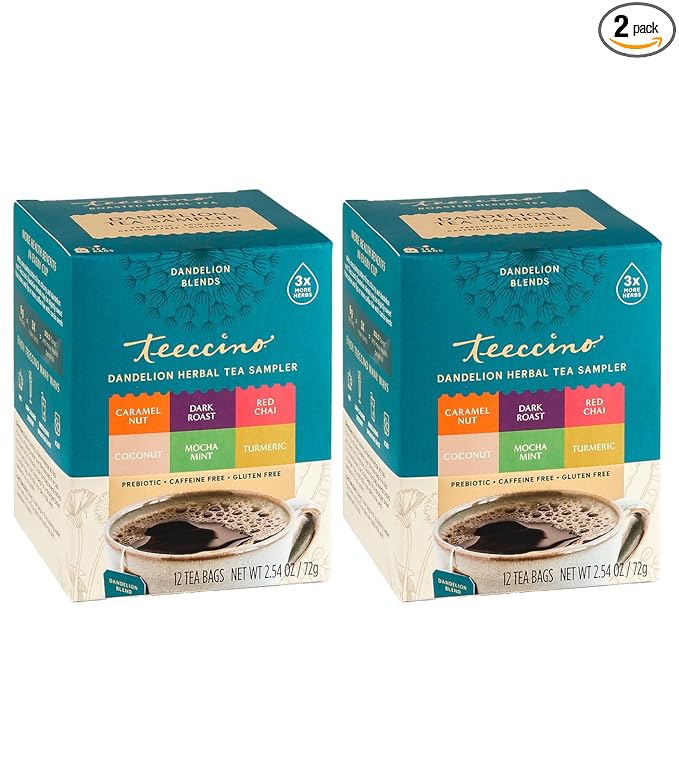 Teeccino Dandelion Tea Sampler - Caramel Coconut Dark Roast Mocha Mint Red Chai Turmeric - Prebiotic Coffee Substitute | Caffeine Free | Gluten Free | Coffee Alternative 12 Tea Bags (Pack of 2)