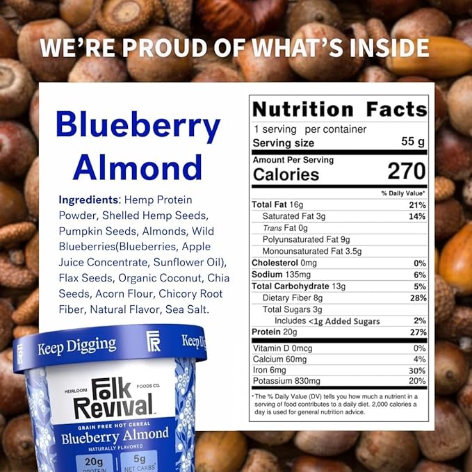 Folk Revival Blueberry Almond Keto Instant 'Oatmeal' - 20g Protein 5g Net Carbs High Fiber Non GMO Gluten Free Made with Acorns - 6 Cups Per Case