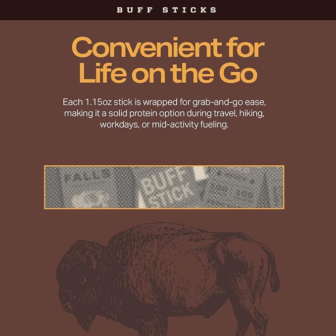 Grass-Fed Buffalo Meat Snack Sticks Cowboy Original Mild by Falls Family Ranches 12 Pack 1.15oz Stick Carton 9g Protein 0g Sugar 70 Calories