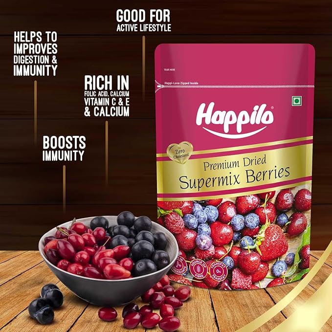 Happilo Premium Dried Super Mix Berries 200gm | Tasty &amp Healthy Berries | Rich in Antioxidant | Contains Dried Strawberries Cranberries Cherry &amp Raisins Mix | Real Dried Berries