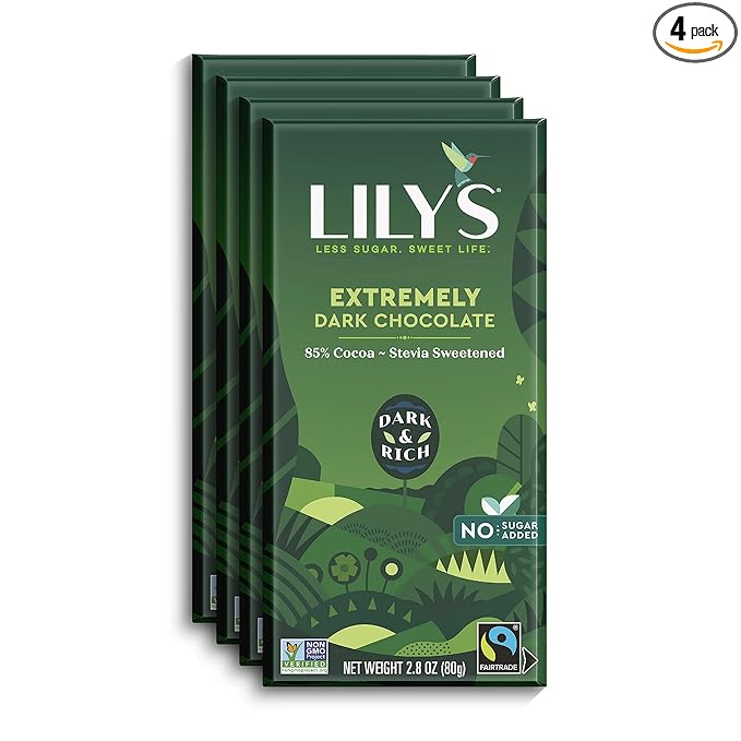 Extremely Dark chocolate Bar by Lily's | Stevia Sweetened No Added Sugar Low-Carb Keto Friendly | 85% Cocoa | Fair Trade Gluten-Free &amp Non-GMO | 4 Pack