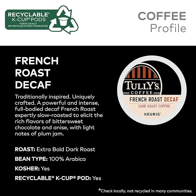 Tully's Coffee French Roast Decaf Keurig Single-Serve K-Cup Pods Dark Roast 96 Count