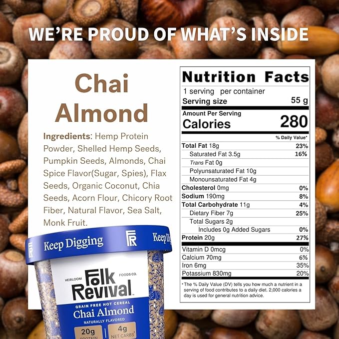 Folk Revival Chai Almond Keto Instant 'Oatmeal' - 20g Protein 4g Net Carbs High Fiber Non GMO Gluten Free Made with Acorns - 12 Cups Per Case