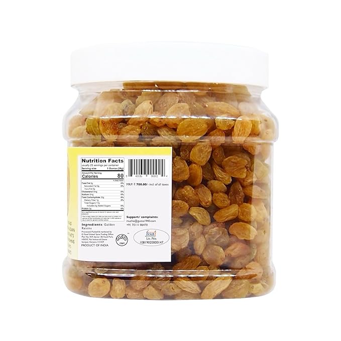 Tassyam Golden Raisins Healthy Juicy Hand-Sorted Jumbo Indian Kishmish Jar 700g