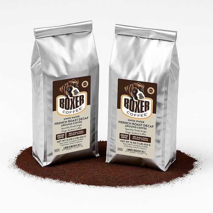 Boxer Coffee Swiss Water Decaf Dark Roast French Roast Ground Coffee Single Origin Arabica – 2 Pack (1 lb Each)