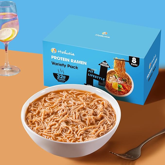 Hethstia High-Protein Ramen Variety Pack 8-Pack Instant Ramen Noodle Soup (Chicken Beef Spicy Kimchi Spicy Curry) 32g Plant-Based Protein Vegan Non-GMO Low Fat Pre-Packaged Quick Meal