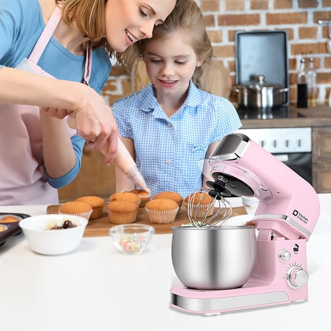 Kitchen in the box Stand Mixer3.2Qt Small Electric Food Mixer6 Speeds Portable Lightweight Kitchen Mixer for Daily Use with Egg WhiskDough HookFlat Beater (Pink)