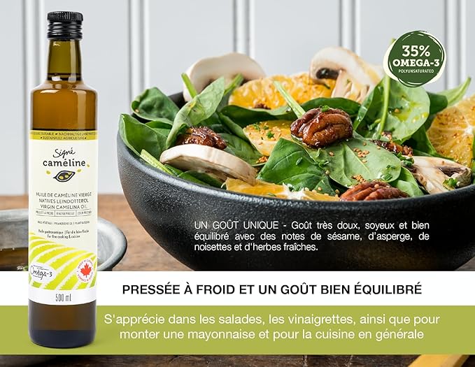 Cold-Pressed Virgin Camelina Oil 500mL by Signé Caméline | High Smoke Point 475°F | Rich in Omega-3 &amp Vitamin E | Alternative to Olive Oil | Vegan | Made in Canada | Non-GMO