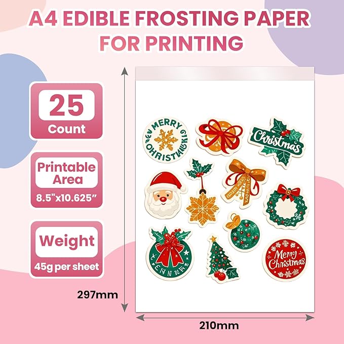 Derzio 25 pcs A4 11.7 x 8.3 Frosting Sheets Icing Sheets Edible Paper for Cakes Printable Sugar Sheets Cake Edible Sheets Edible image Paper for Cake Toppers Cakes Cookies &amp Decor