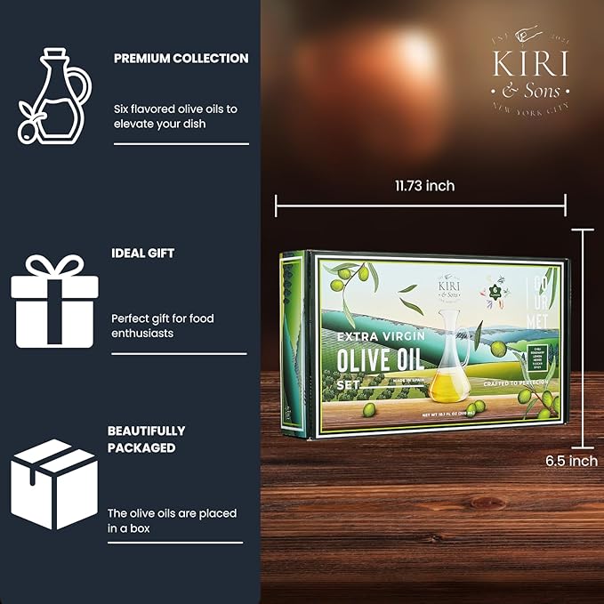 Kiri &amp Sons Olive Oil Gourmet Sampler Gift Set of 6 - Premium Extra-Virgin Blend Olive Oil Made In Spain Natural Flavors Include Herbs Chili Spice Rosemary Tuscan &amp Lemon - Gifts for Her