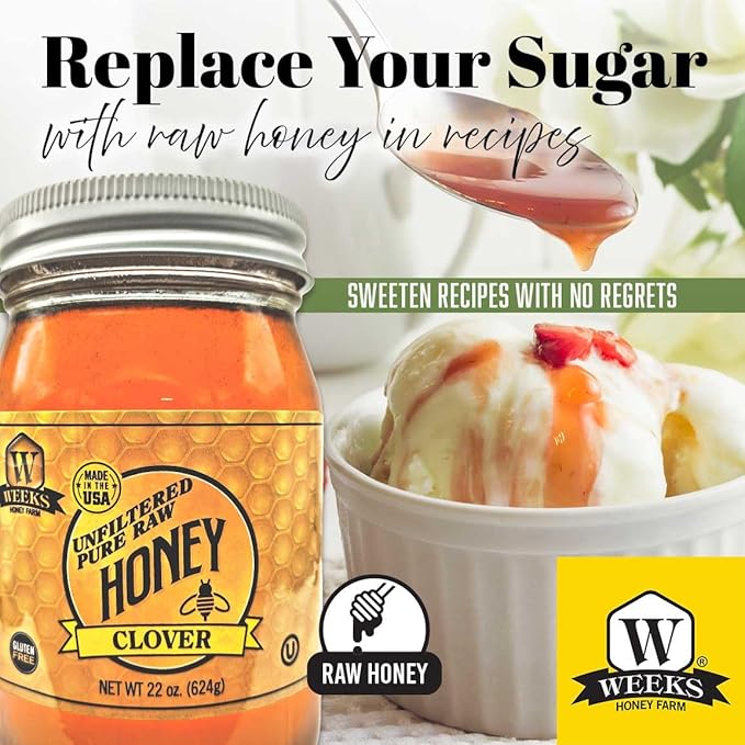 Weeks pure raw &amp unfiltered American clover honey is kosher certified and gluten-free - since 1960 (22 oz)