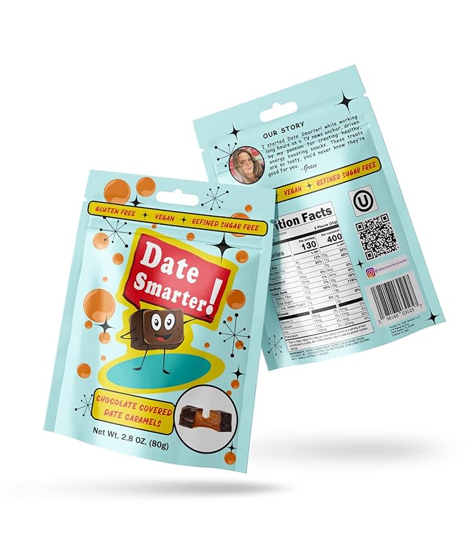 Date Smarter Chocolate &amp Peanut Butter Date Caramels Variety Pack - Naturally Sweetened with Real Dates - Vegan Gluten-Free Dairy-Free Refined Sugar-Free Plant-Based Snack Bites - 2.8 oz 6 Pa