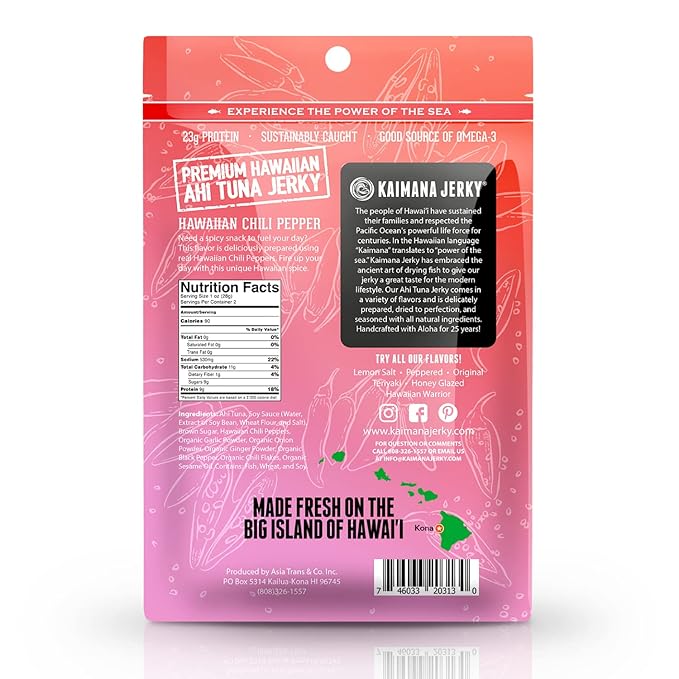 Kaimana Ahi Tuna Jerky Hawaiian Chili Pepper - Soft and Tasty - Premium Fish Jerky Made in the USA. High in Omega 3's All Natural and Wild Caught - 2 Ounce (Pack of 3)