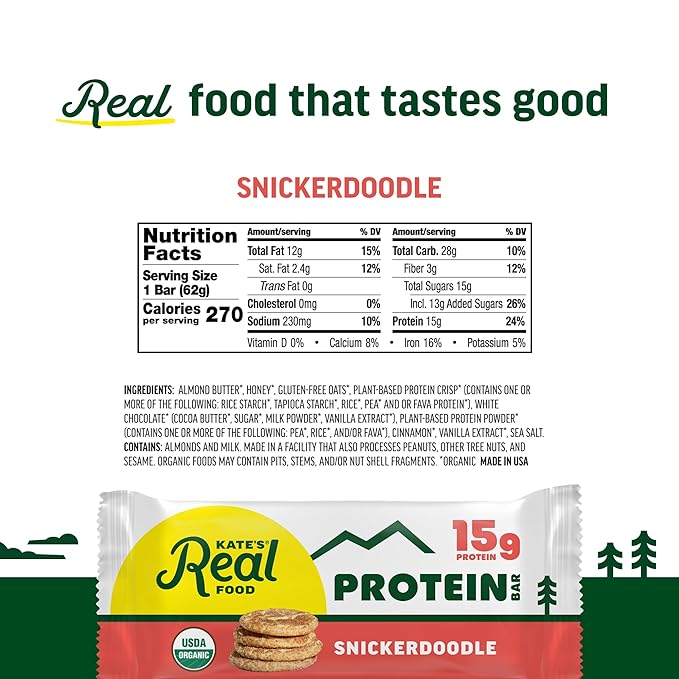 Kate’s Real Food Organic Protein Bars – (Snickerdoodle 2.2 oz Pack of 12) – Plant Based Protein Bars - Gluten Free Soy Free Non GMO Whole Grains and All Natural