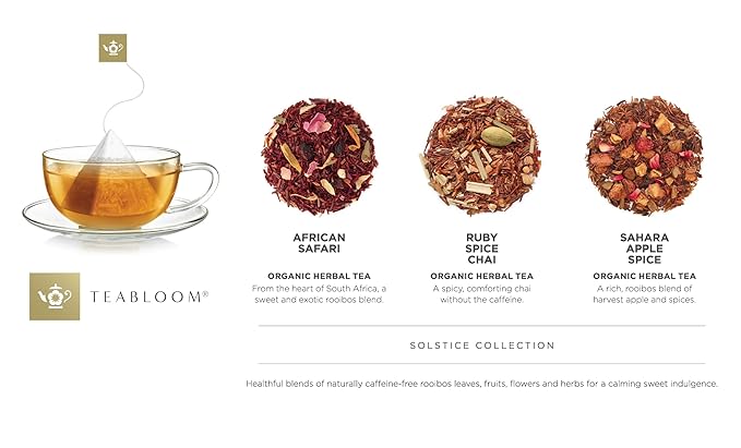 Teabloom Solstice Organic &amp Kosher Certified Rooibos Tea Gift Assortment 12 Compostable Pyramid Sachets Caffeine Free Herbal Tisanes Premium Rooibos Sampler