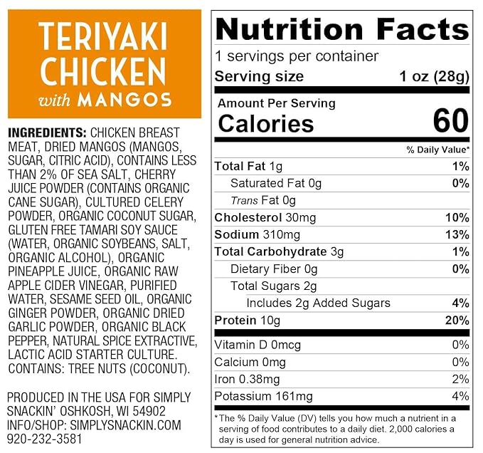Simply Snackin' - Dried Chicken Breast Snacks High Protein Low Calorie Low Sugar Gluten Free Tender and Lean 20 Snack Pack (Teriyaki Chicken with Mangos)