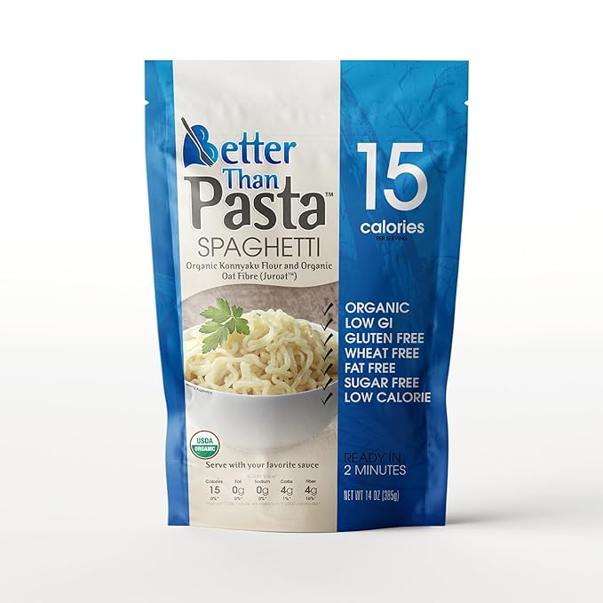 Better Than Pasta Organic Shirataki Spaghetti – USDA Organic Zero Net Carbs Keto &amp Diabetic Friendly Gluten-Free Low-Calorie Plant-Based Non-GMO No Odor Ready-to-Eat Konjac Noodles – 14oz
