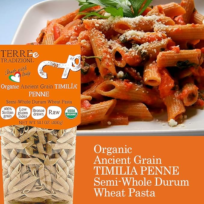 TERRE E TRADIZIONI 6 PACKS ORGANIC ITALIAN SEMI WHOLE DURUM WHEAT PENNE PASTALOW-GLUTEN INDEX. Has 6X More Fiber and Protein than Popular Grains. Al dente texture. Farm Fresh from Sicily Italy