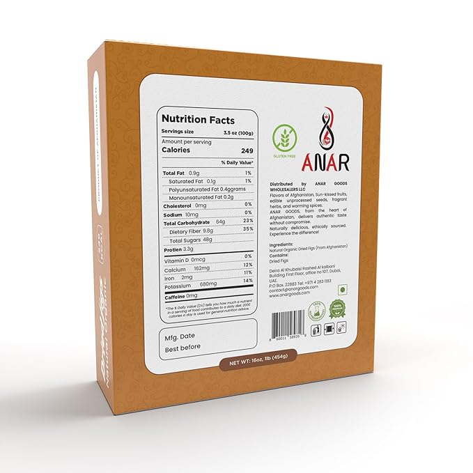 ANAR Dried Figs 16oz | 100% Natural | Whole | No Additives | Premium Anjeer | Vacuumed | Best for Snacking and Mixing | Grown in Afghanistan | Pack of 1