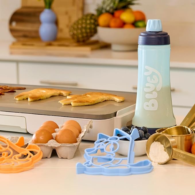 Whiskware Bluey Pancake Art Kit 1 Batter Bottle 2 Silicone Bluey and Bingo Pancake Molds and 1 BlenderBall Wire Whisk Durable No-Mess Breakfast BPA Free Dishwasher Safe