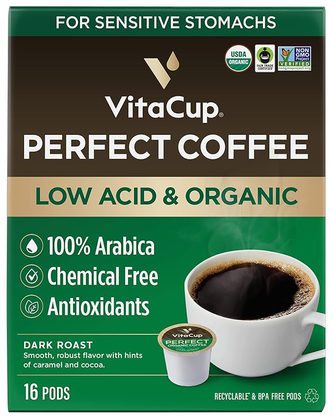 VitaCup Perfect Low Acid Coffee Bundle Pure &amp Smooth USDA Organic &amp Fair Trade Mycotoxin Free Dark Roast |16 CT Pods &amp 11 oz Organic Ground Coffee