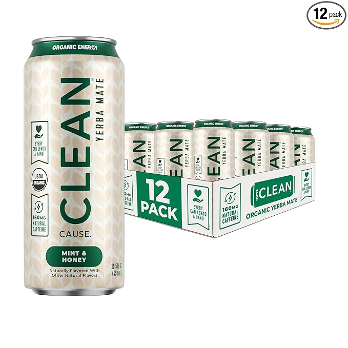 CLEAN Cause Mint and Honey Yerba Mate Tea Non-Carbonated USDA Organic Energy Drink Alternative Low Sugar 160mg Natural Caffeine Soda Alternative Plant-Based (15.5oz cans 12-Pack Case)