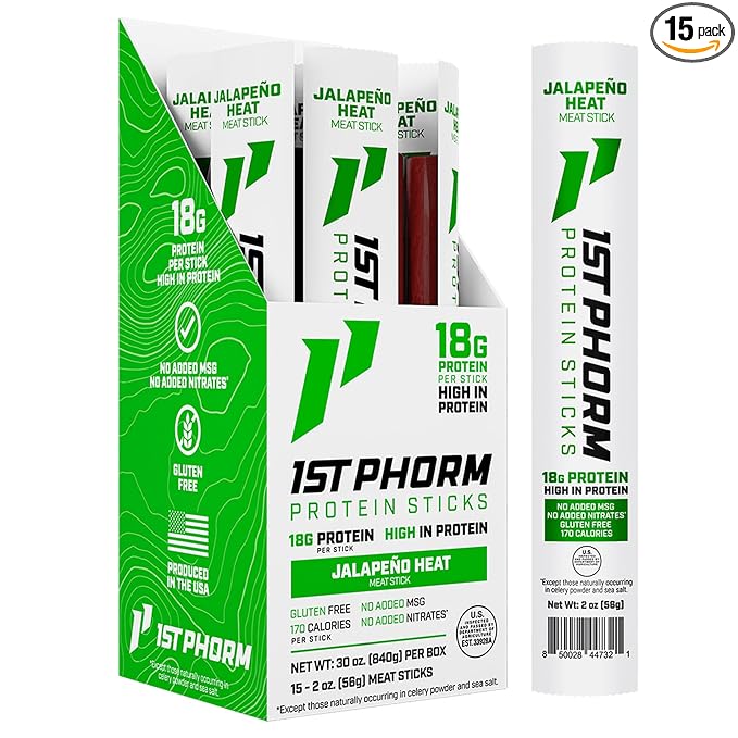 1st Phorm Meat Sticks Jalapeno Heat 18G Protein per Serving USA Raised Lean Beef High Protein Snacks Gluten Free No Msg or Nitrates Individually Wrapped 15 Count