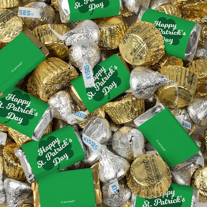110ct St. Patrick's Day Candy Mix For Party Favors - Assorted Chocolate Miniatures Green Foiled Kisses &amp Gold Foiled Mini Peanut Butter Cups (1.62lb Bag)