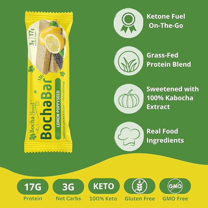 BochaSweet Keto Protein Bar Lemon Poppyseed BochaBar 17g Grass Fed Collagen Low Carb Keto-Friendly Gluten Free 12 Count