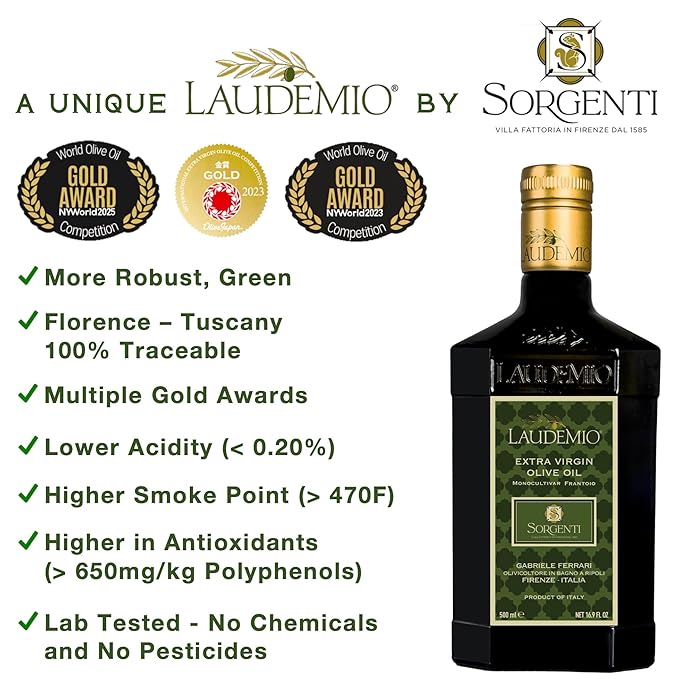 Laudemio Sorgenti – Tuscan Extra Virgin Olive Oil 2025 NYIOOC Gold Award 650+ mg/kg High in Polyphenols evoo Green Early Harvest Frantoio Monovarietal Lab Tested Pesticide-Free Premium Gift Box