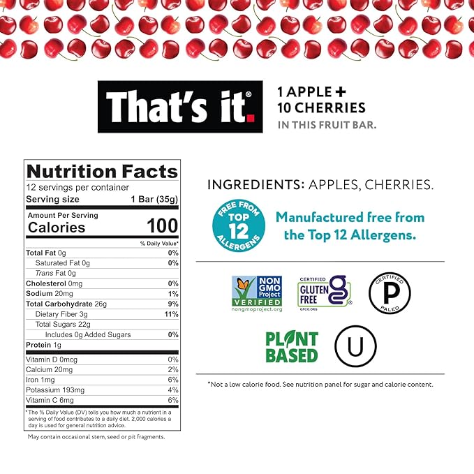 That's it. Apple + Cherry 100% Natural Real Fruit Bar Best High Fiber Vegan Gluten Free Healthy Snack Paleo for Children &amp Adults Non GMO No Sugar Added No Preservatives Energy Food (12 Pack)
