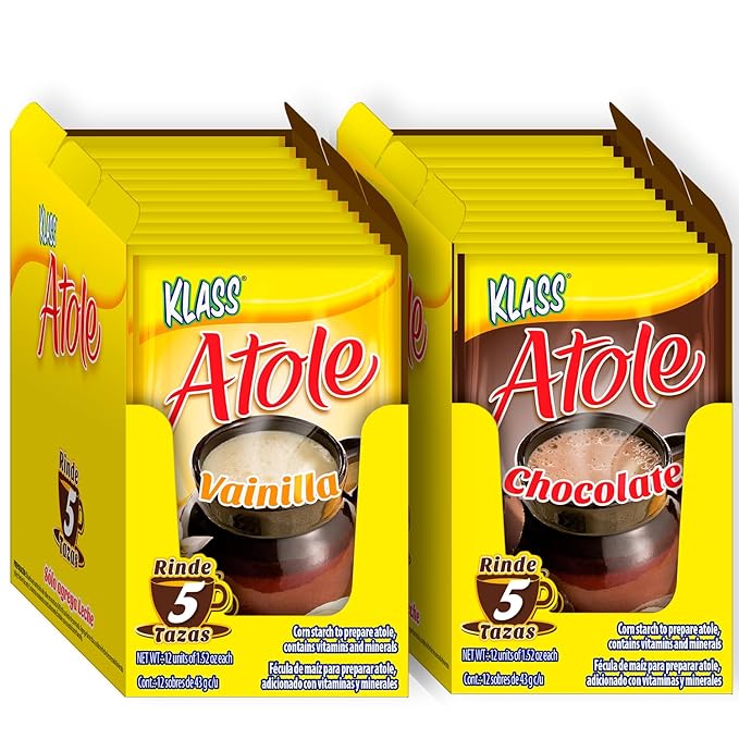 Klass Atole De Fecula de Maiz Variety Pack of 2 Chocolate-Vanilla Flavors with 24 Envelopes (12 Chocolate Sachets 12 Vanilla Sachets)