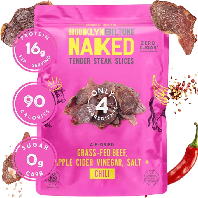 Brooklyn Biltong Air Dried Grass Fed Beef Snack South African Beef Jerky (8 oz Pack of 2) - Whole30 Approved Paleo Keto Gluten Free Sugar Free Made in USA - (Naked Chili)