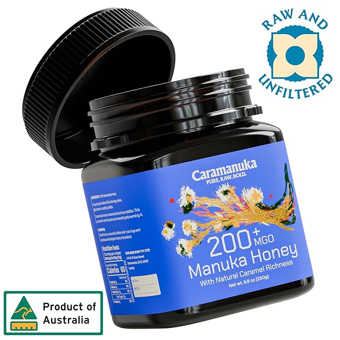 Caramanuka Manuka Honey MGO 200 – 100% Raw &amp Unfiltered Australian Honey Independently Lab-Tested for MGO &amp Glyphosate Bold Caramel-Like Flavor 8.8 oz (250g)