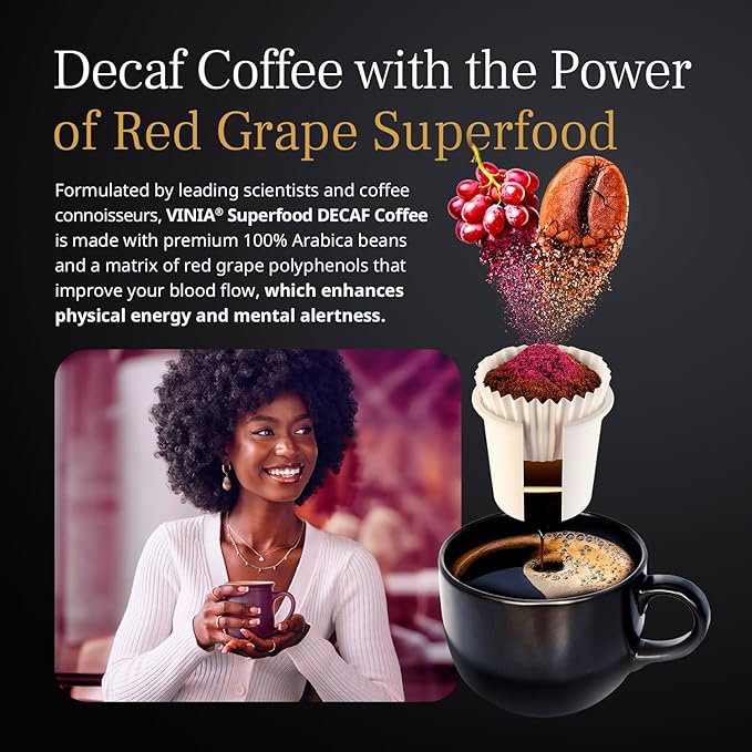 VINIA Decaf Medium Dark Roast Coffee with Red Grape Piceid Resveratrol Nitric Oxide for Heart Health Alertness Physical Energy &amp Blood Flow Circulation. 30ct K-Cup Pods