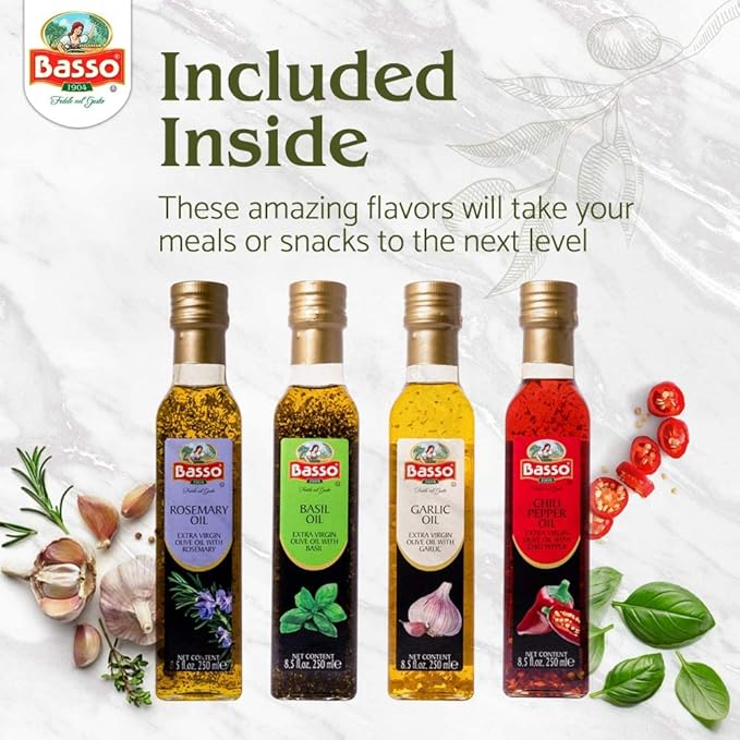 BASSO 1904 - Infused Extra Virgin Olive Oil Gift Box Set First Cold Pressed Variety Pack 4 bottles x 8.5 fl.oz (250ml) Naturally Infused for Dipping &amp Tasting