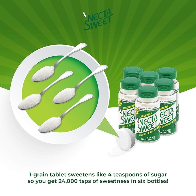 Necta Sweet 1-Grain Saccharin Tablets - Zero-Calorie Sugar Substitutes (6-Pack 1000-Tablet Bottle)