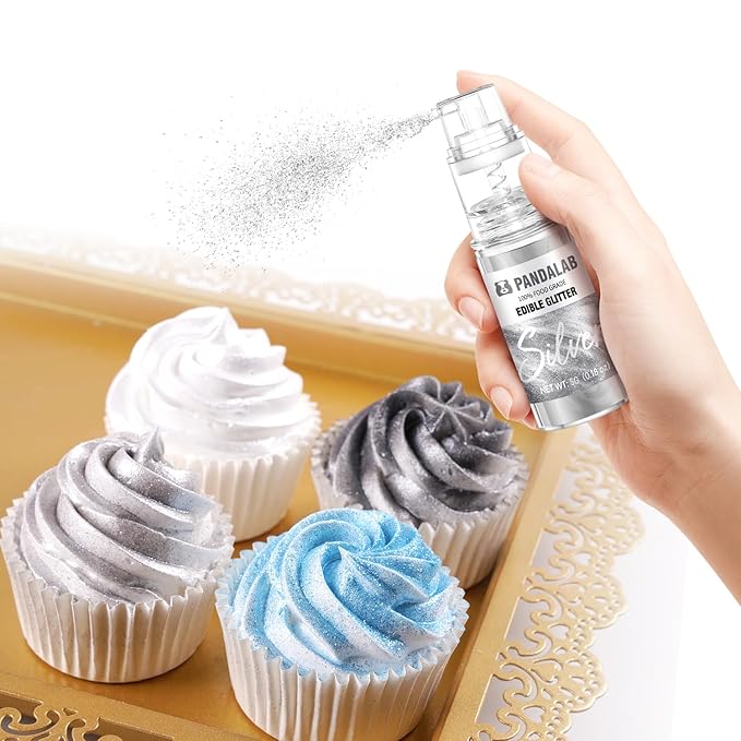 Edible Glitter Spray – Pandalab Food Grade Drink Shimmer Powder Luster Dust Spray for Cocktails Cakes Cupcakes Chocolate &amp Baking Black White Silver Blue 5g / Bottle