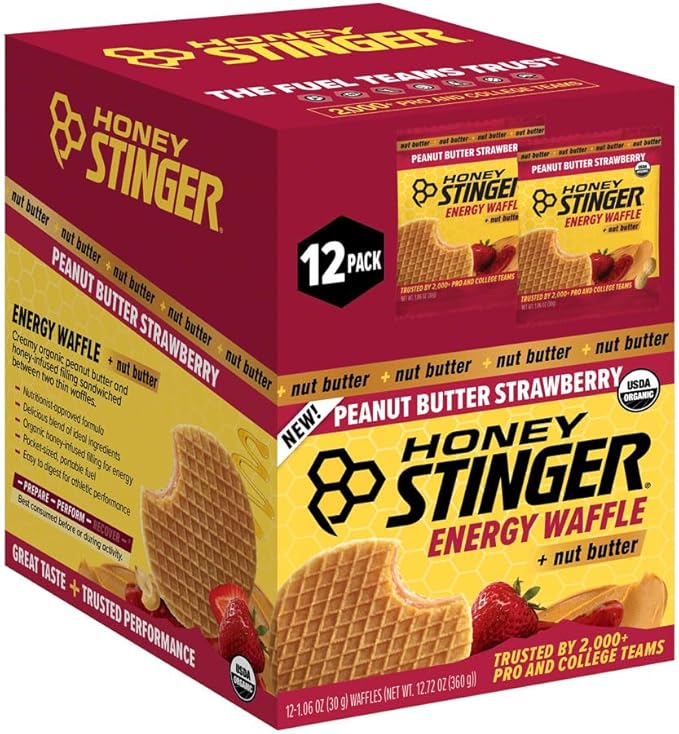 Honey Stinger Organic Peanut Butter &amp Strawberry Waffle Snacks - USDA Organic Kosher Certified Gluten-Free Energy-Boosting Wafers with Honey No Artificial Flavors or Preservatives Pack of 12