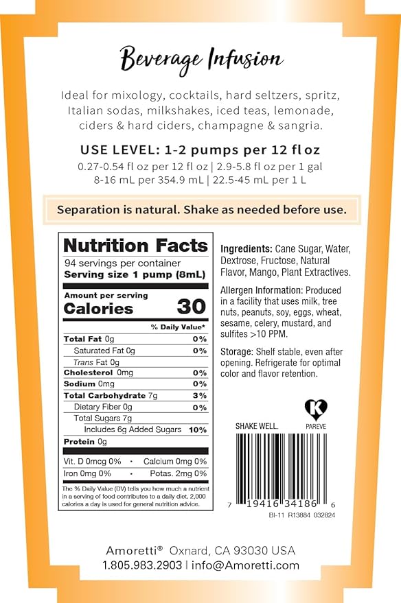 Amoretti - Mango Beverage Infusion - Drink Mix &amp Water Enhancer with Pump for Flavoring Cocktails Waters Teas and other Beverages Preservative Free
