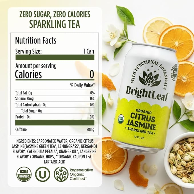 BrightLeaf Citrus Jasmine Sparkling Tea with Functional Benefits for Light Energy – Regenerative Organic Lightly Caffeinated Functional Tea Zero Sugar Zero Calories Zero Sweeteners – 12oz Cans 12