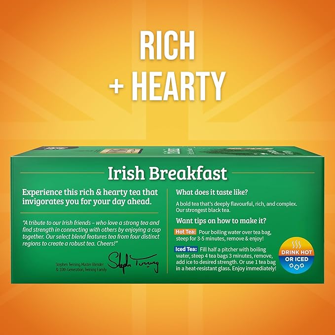 Twinings Irish Breakfast Black Tea Individually Wrapped Bags 100 Count (Pack of 1) Flavourful Bold and Robust Caffeinated Enjoy Hot or Iced 100 Teabags