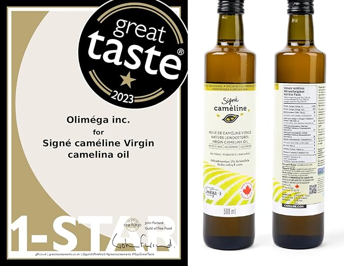 Cold-Pressed Virgin Camelina Oil 500mL by Signé Caméline | High Smoke Point 475°F | Rich in Omega-3 &amp Vitamin E | Alternative to Olive Oil | Vegan | Made in Canada | Non-GMO