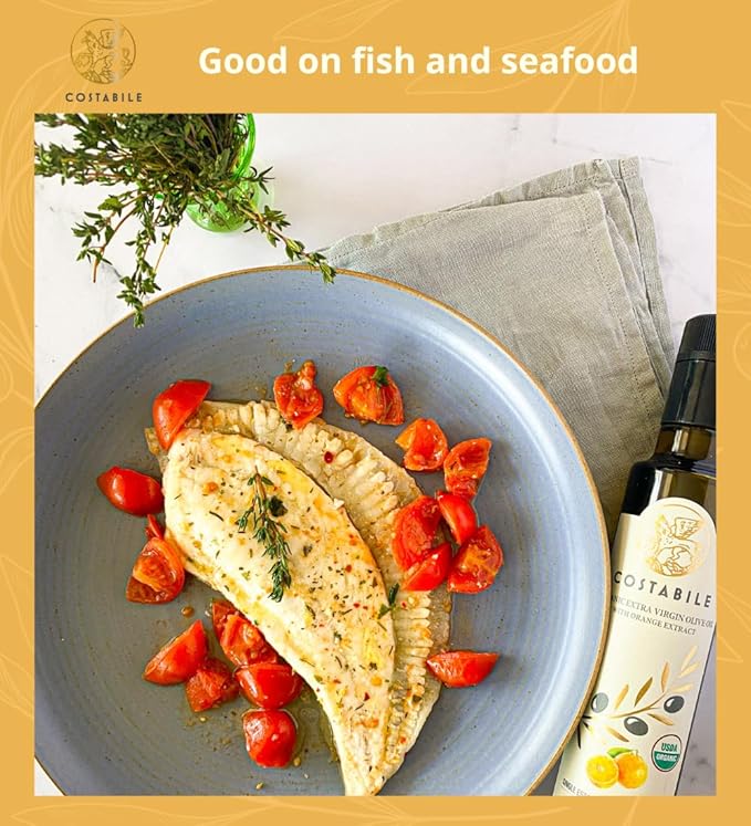 Costabile Orange Infused Olive Oil Extra Virgin Organic from Italy. Polyphenol rich olive oil flavored with natural Italian orange. For salads baking and cooking healthy keto friendly food 8.45Fl.Oz