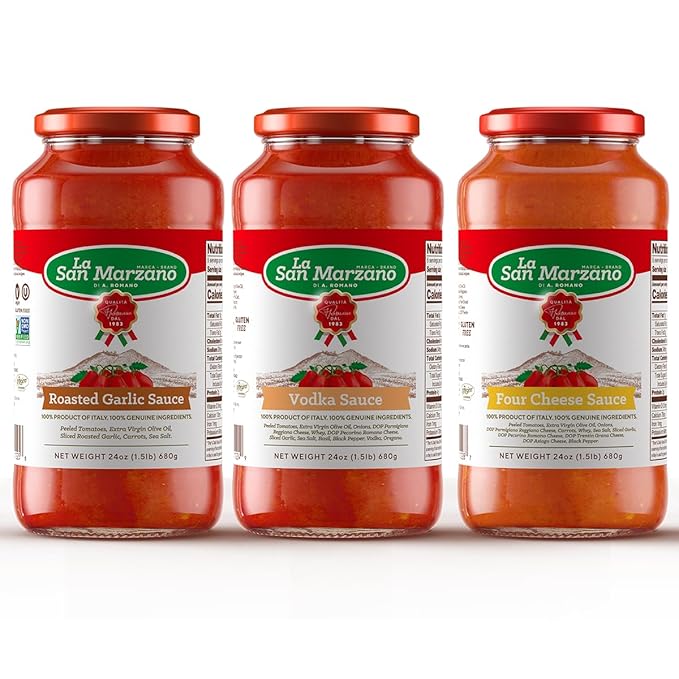 La San Marzano Variety Pack Vodka Four Cheese Roasted Garlic Sauce 24 oz Pasta Sauce Made in Italy All Purpose Tomato Premium Quality All Natural Non GMO Gluten Free