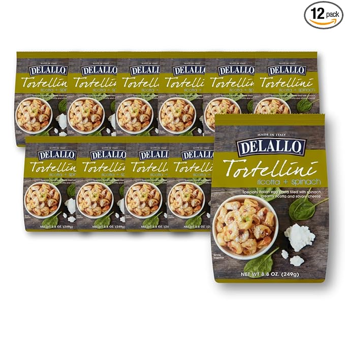 DeLallo Tortellini Pasta with Ricotta and Spinach Made in Italy Egg Pasta Non-GMO Tree Nut Free Peanut Free 8.8 oz Bag (12 Pack)