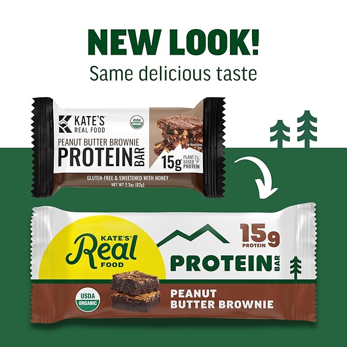 Kate’s Real Food Organic Protein Bars – (Peanut Butter Brownie 2.2 oz Pack of 12) – Plant Based Protein Bars - Gluten Free Soy Free Non GMO Whole Grains and All Natural