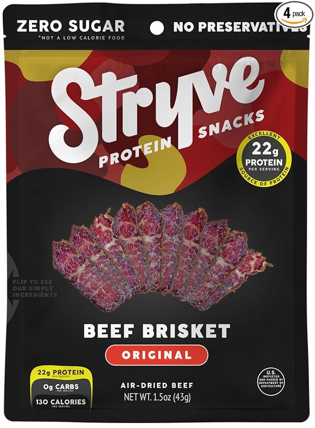Stryve Protein Snacks - Better Than Jerky Steak Biltong | 22g Protein Sugar Free Zero Carbs Gluten Free Dairy Free Keto &amp Paleo Friendly | Beef Brisket Pack Of 4