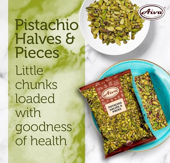 Aiva California Pistachios Halves and Pieces Pista Raw Unsalted (1 LB) – Bulk Pistachio Split Kernels Bulk Raw Pistachio Pieces Premium Nut Topping for Baking Cooking and Dubai Kunafa Chocolate
