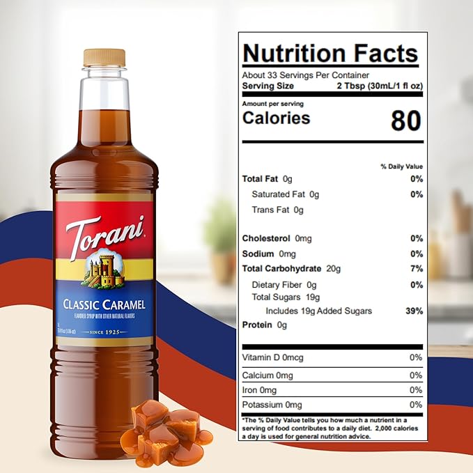 Torani Classic Caramel Syrup 1 Liter Bottle with Pump – Premium Coffee Flavoring with Pure Cane Sugar Natural Caramel Flavor for Lattes Desserts Cocktails &amp More